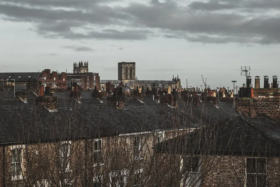 Slate roofs and rows of brick chimney stacks under a heavy grey sky