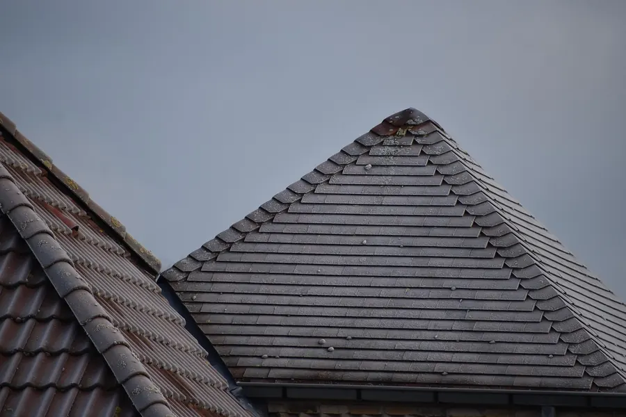 Hipped tiled roof covered in white frost against a grey winter sky