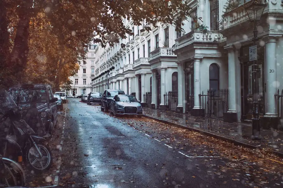 A wet London street in autumn with fallen leaves along the kerb and cars parked outside period houses