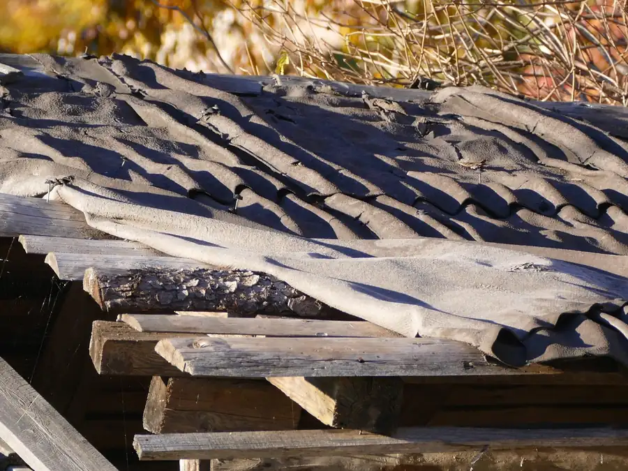 Old roofing felt torn and sagging between weathered battens on a roof in poor repair