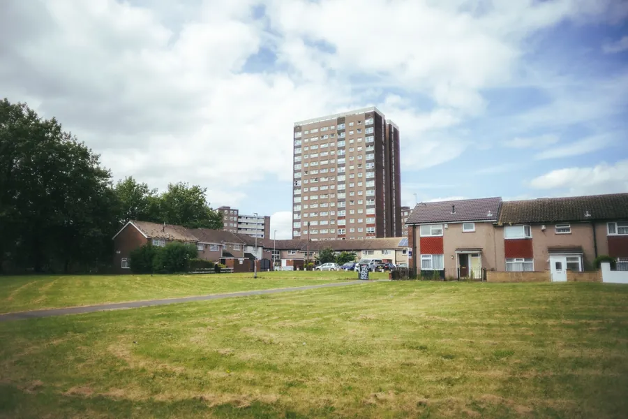 A tower block and houses on a Croydon estate where roofs are the freeholder's responsibility