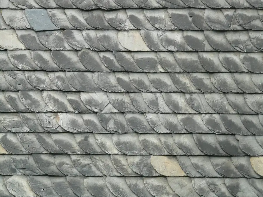 Close-up of weathered grey slates in overlapping courses, with a few paler replacement slates among them